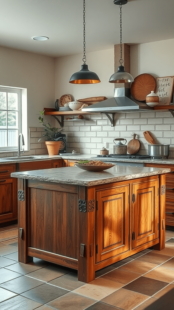 A kitchen featuring a wooden island with a natural stone countertop, well-lit by hanging pendant lights.