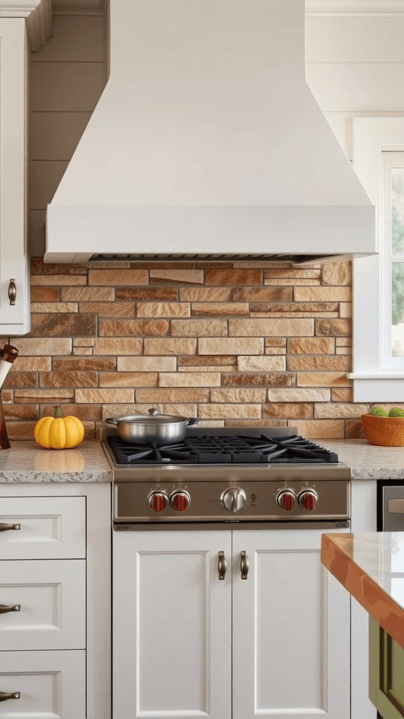 A kitchen with a natural stone backsplash, white cabinets, and a modern stove.