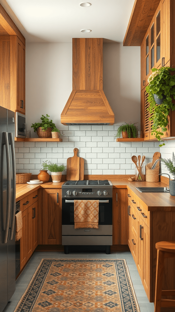 A cozy kitchen featuring natural wood cabinetry, a stylish stove, and plants for a warm atmosphere.