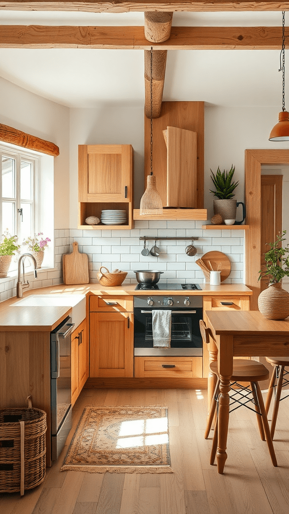 A cozy kitchen featuring natural wood cabinetry and accents.