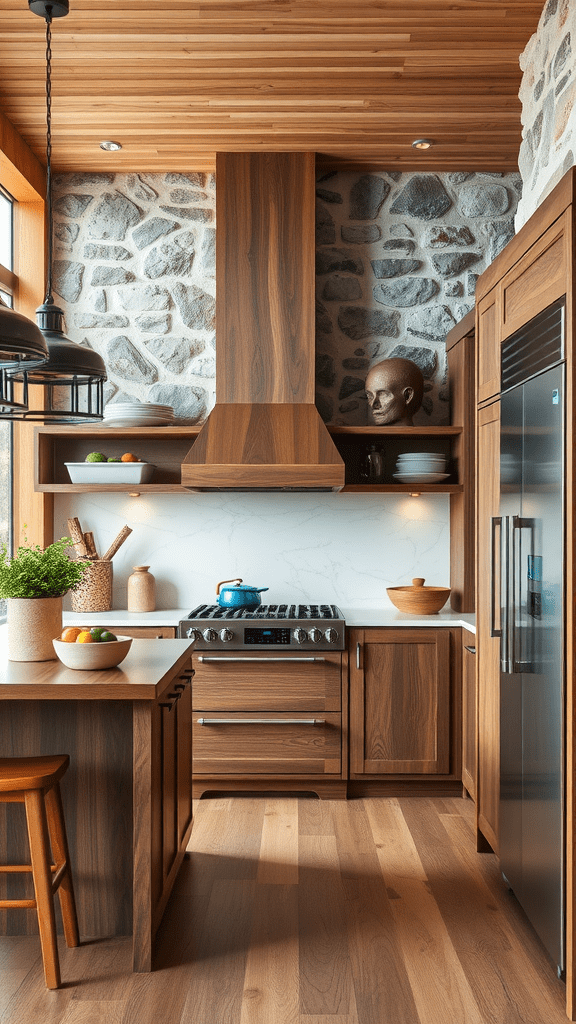 A modern kitchen featuring wooden cabinets and a stone wall.