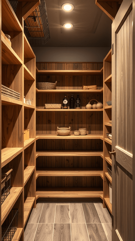 A well-organized pantry with natural wood shelves and a warm atmosphere.