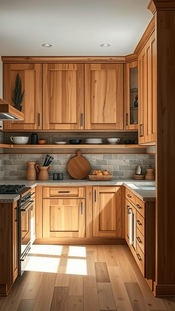 A rustic kitchen featuring natural wood cabinets and warm lighting.