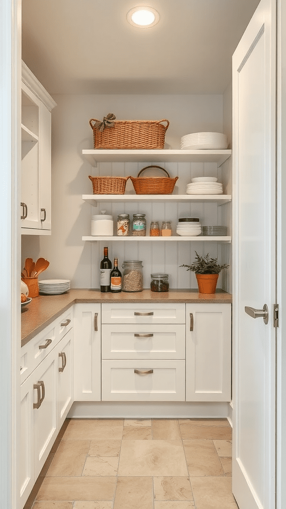 A well-organized pantry with a neutral color palette featuring white cabinets and earthy tones.