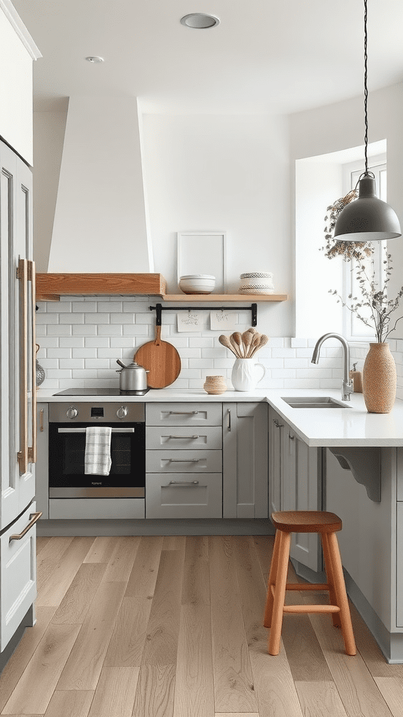 A modern kitchen featuring a neutral color palette with light gray cabinets and natural wood accents.