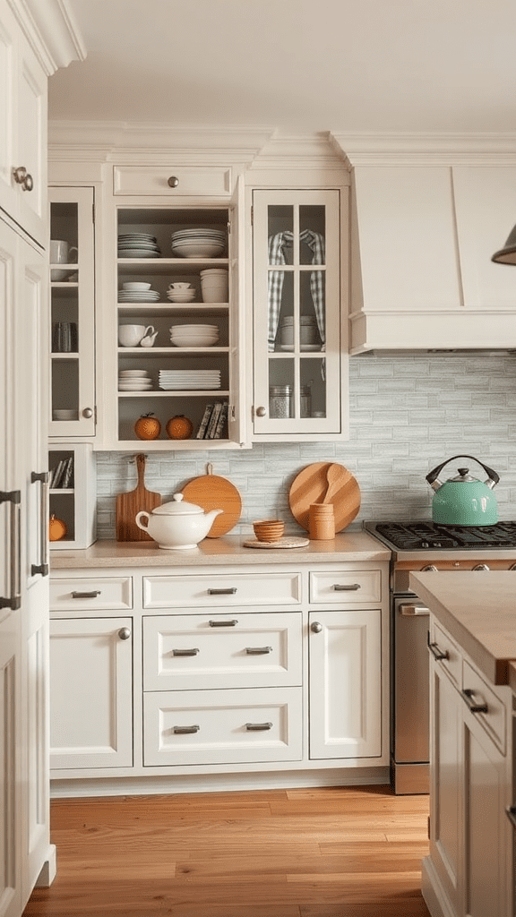 A cozy farmhouse kitchen with niche cabinet designs, showcasing glass-front cabinets filled with dishes and decorative items.