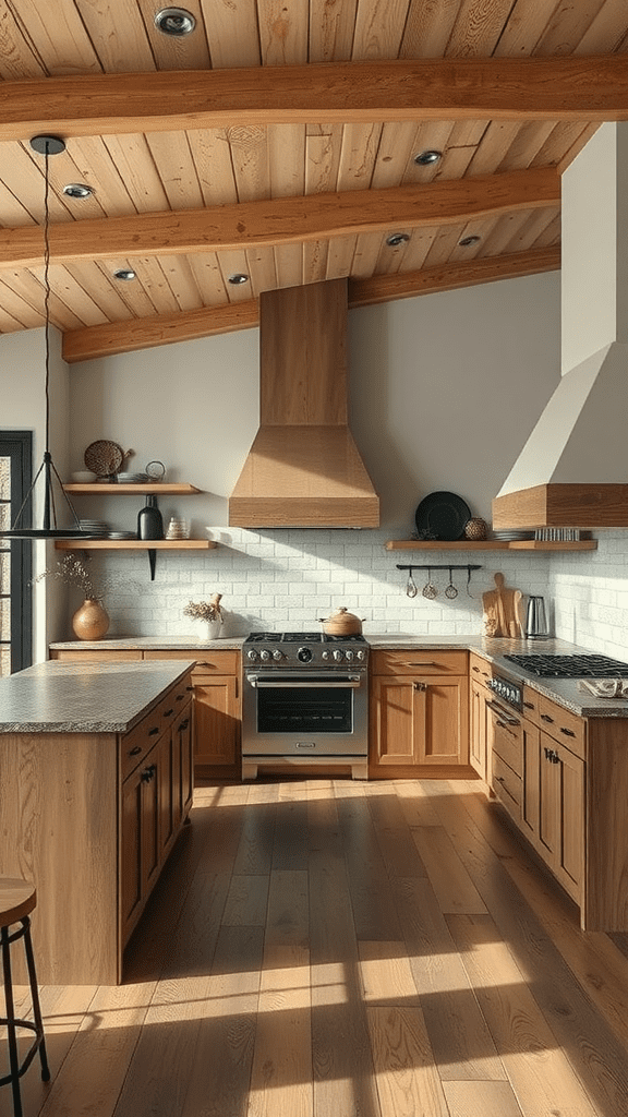 A rustic open-concept kitchen featuring wooden cabinets and shelves, with a spacious layout and modern appliances.