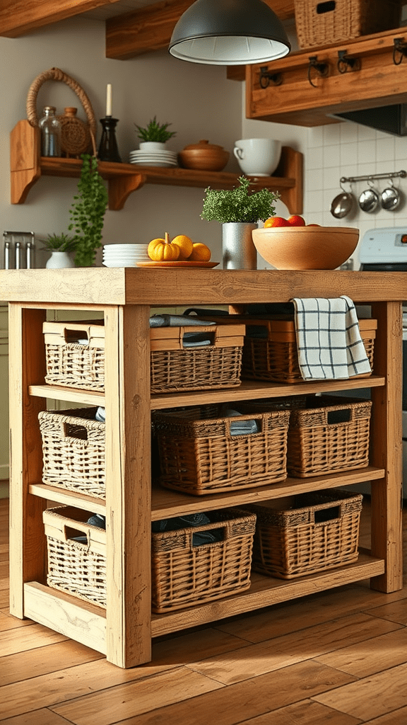 A wooden kitchen island with storage baskets, featuring a bowl of fruit on top.