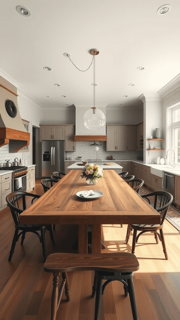 A spacious open concept dining area featuring a large wooden table surrounded by chairs, bright natural light, and a modern kitchen backdrop.