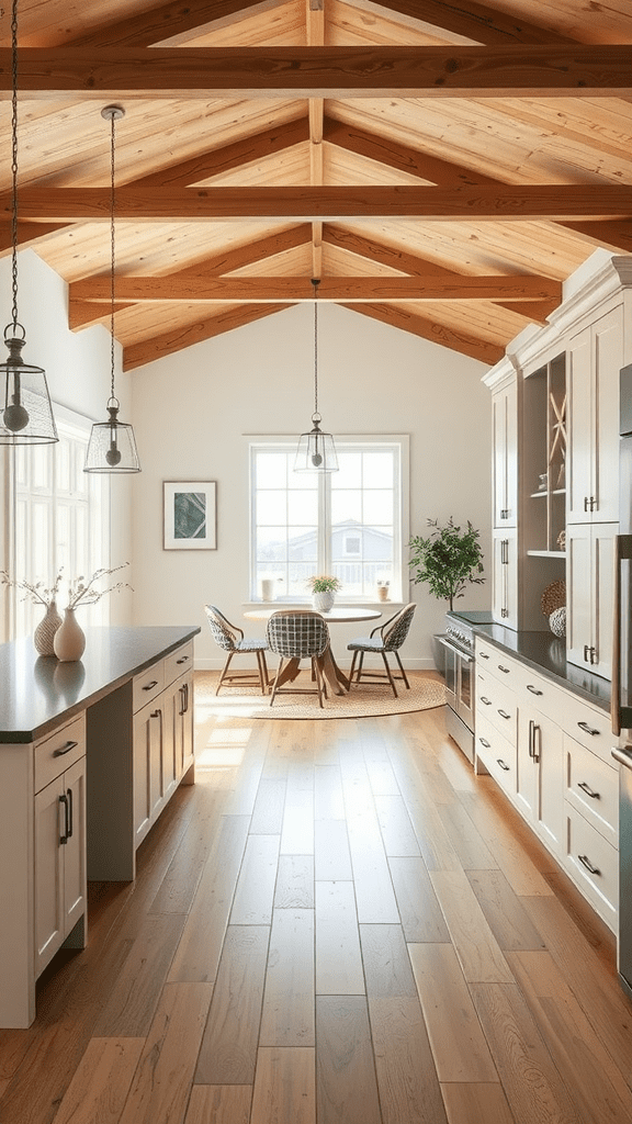 A bright farmhouse kitchen with open concept cabinets and wooden beams.