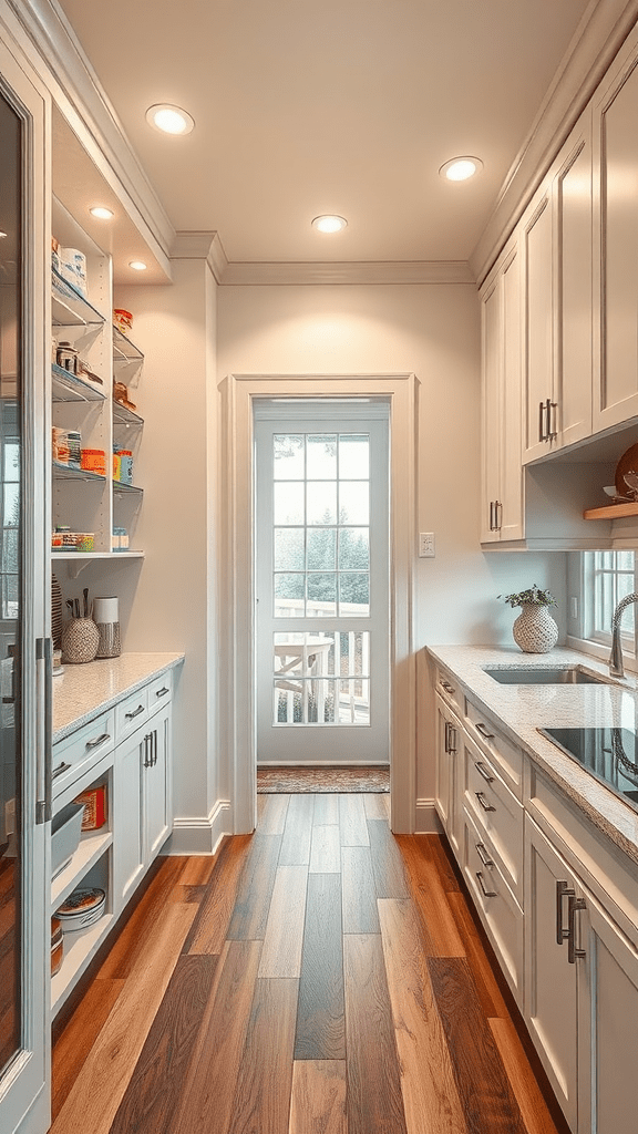 Stylish open concept pantry with shelves and a door leading outside.