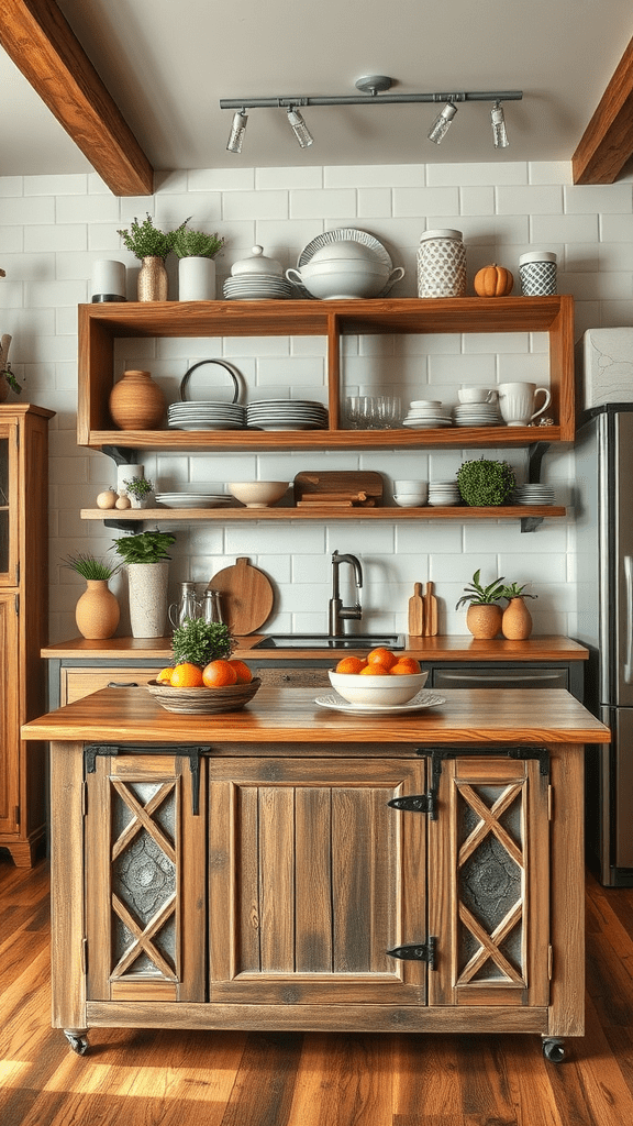 A rustic kitchen island with open shelving above, displaying various dishes and decor.