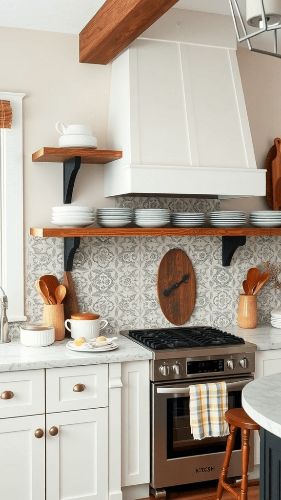 A stylish kitchen featuring open shelving and a decorative backsplash with plates and utensils.