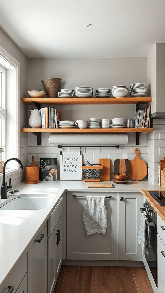 A modern kitchen featuring open shelving with plates, bowls, and decorative items.