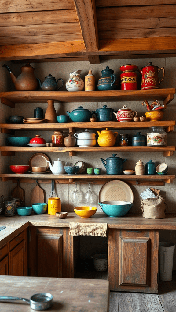 A cozy kitchen featuring open shelving filled with colorful cookware and pottery.