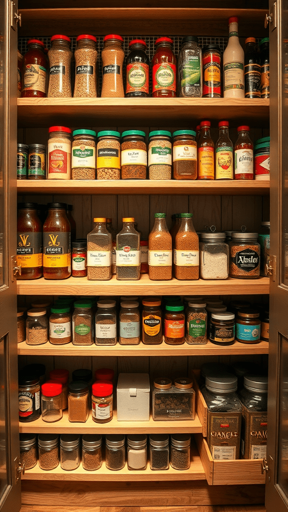 A well-organized spice cabinet with various jars and bottles neatly arranged on wooden shelves.