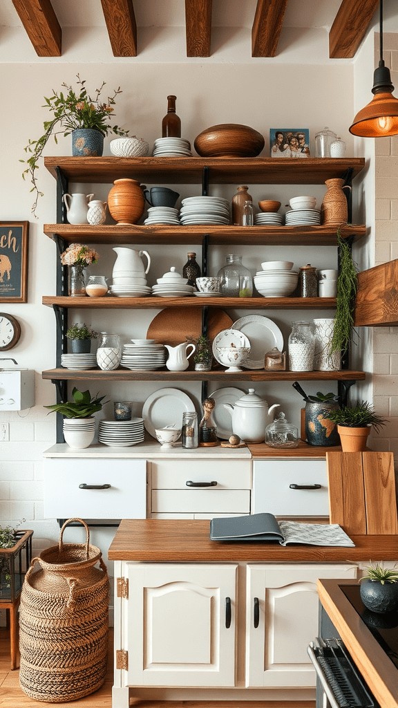 A kitchen with open shelving displaying a variety of dishes, pots, and plants, showcasing eclectic decor.