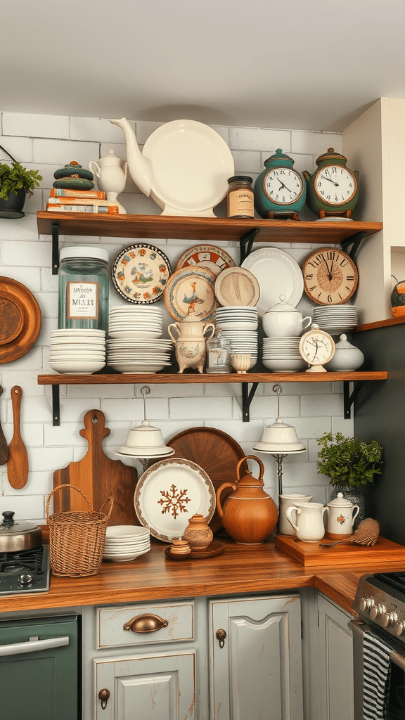 A cozy kitchen with open shelving displaying various plates, teapots, and rustic decor.