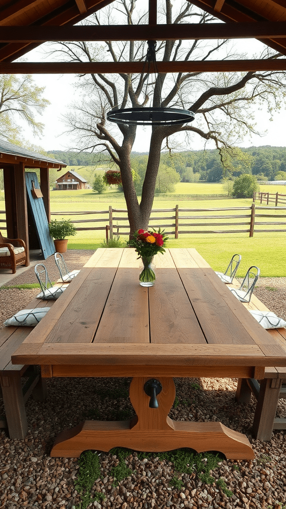 Outdoor dining table with a bouquet of flowers, surrounded by nature