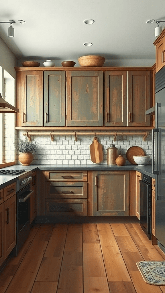 A rustic kitchen featuring painted cabinets in soft green and natural wood tones.