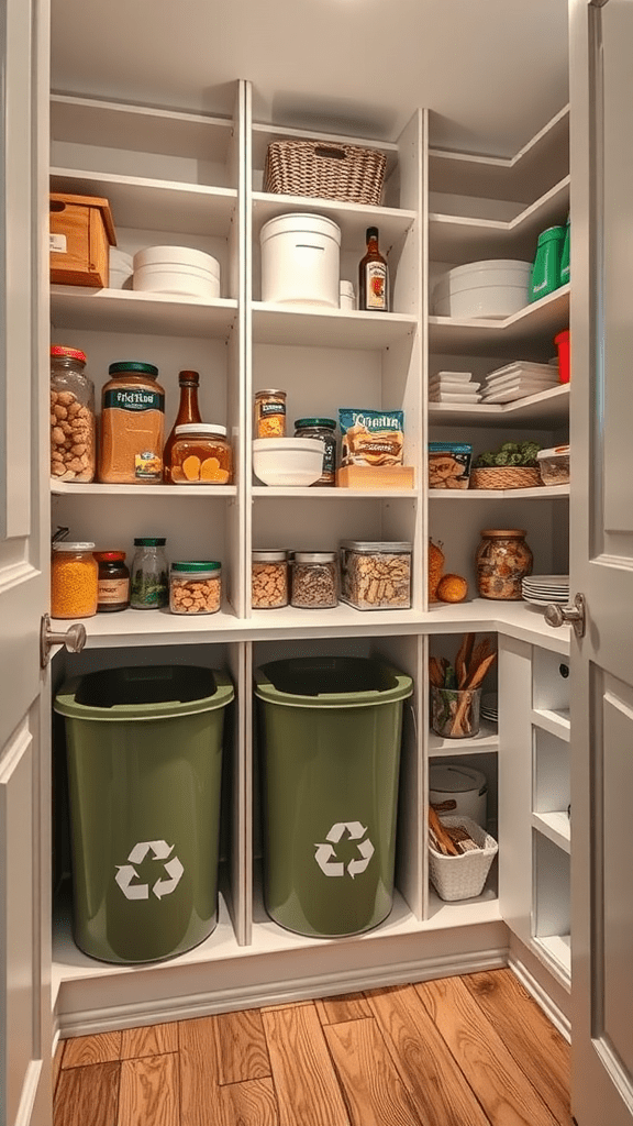 Organized pantry with shelves and built-in recycling bins