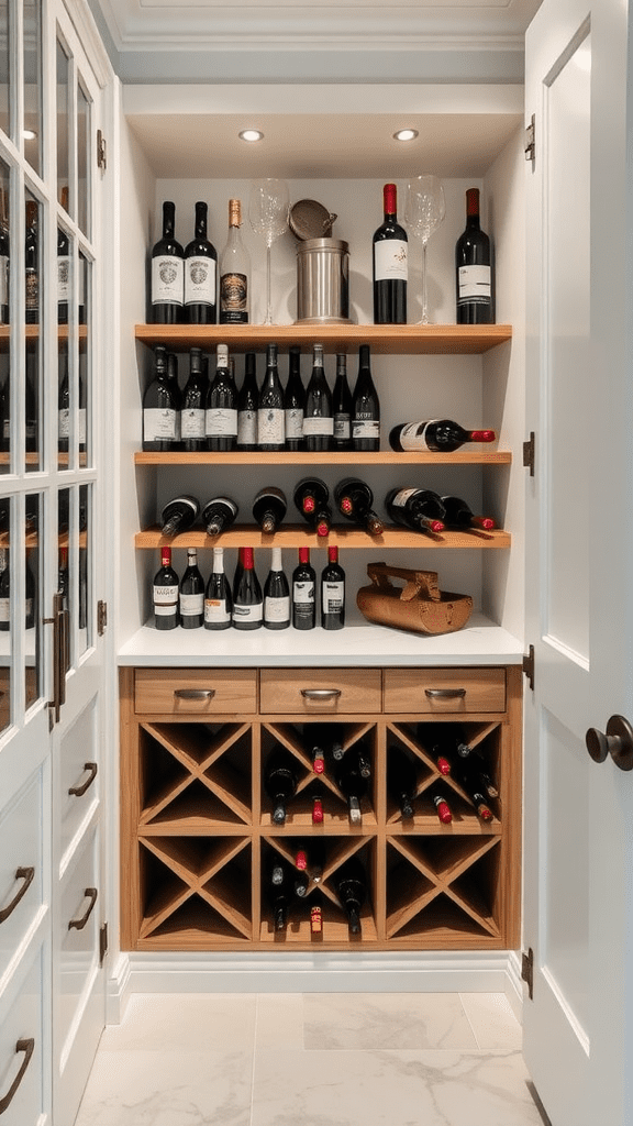 A stylish pantry with a built-in wine rack, showcasing various wine bottles and glassware.