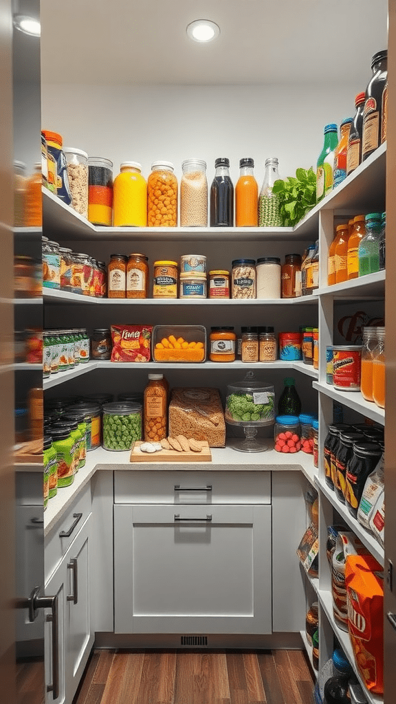 A well-organized pantry displaying various colorful food items in jars and bottles.