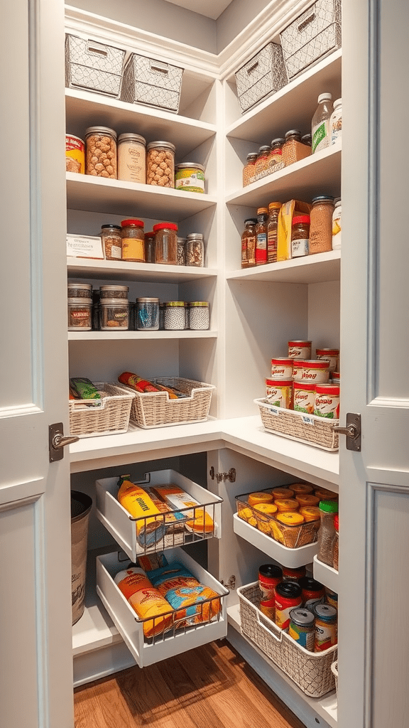 A well-organized pantry featuring pull-out bins and neatly arranged jars and containers.