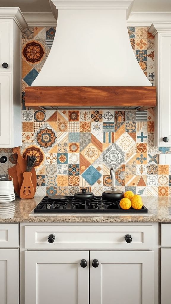 A kitchen with a colorful patchwork tile backsplash behind a stove.