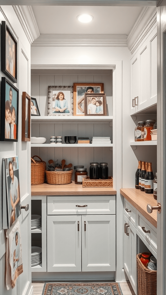 A cozy pantry with family photos displayed on the shelves, adding a personal touch.