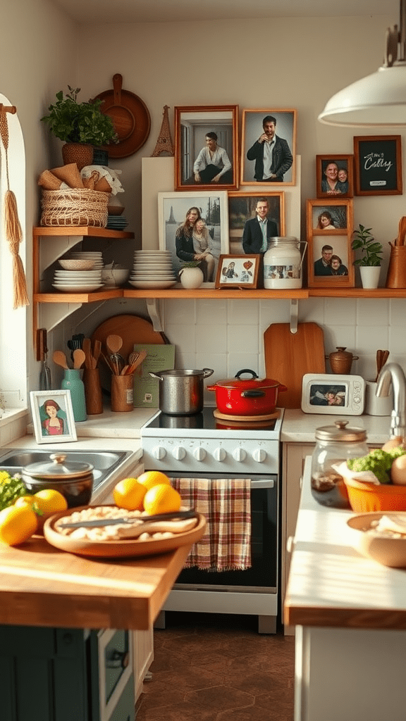 A cozy kitchen with family photos, plants, and cooking utensils displayed.