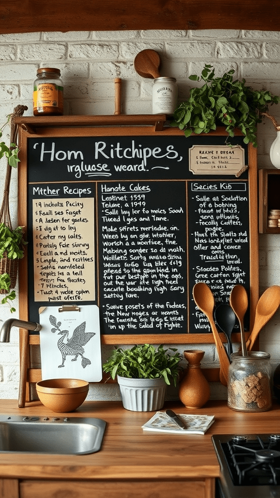 A wooden kitchen setup displaying a personalized recipe board with various handwritten recipes and ingredients.