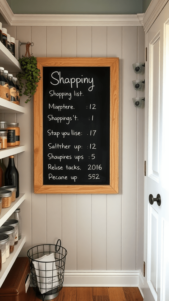 A chalkboard shopping list with various items and quantities written on it, surrounded by organized pantry shelves.