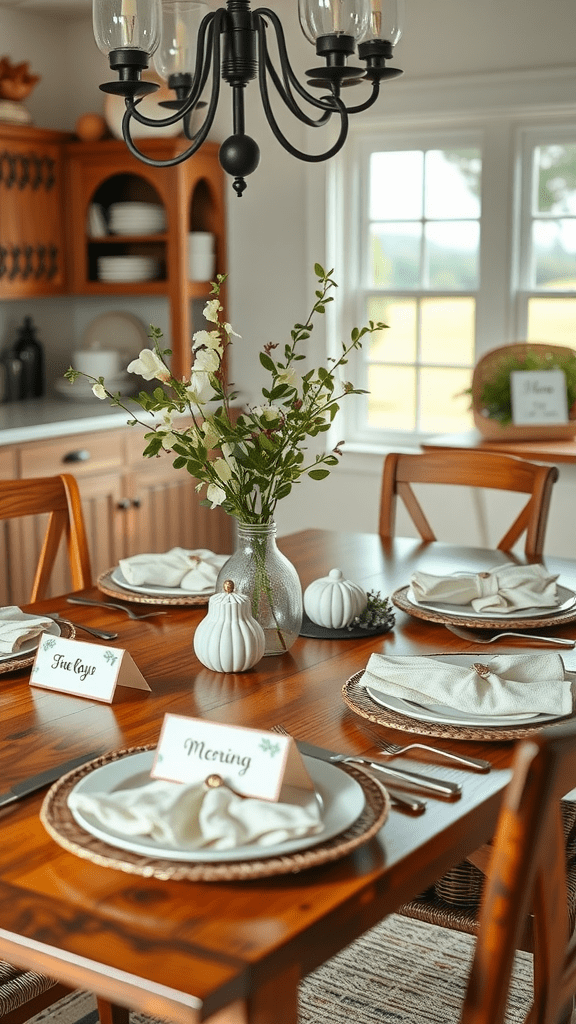 A beautifully set dining table with name cards and decorative elements.