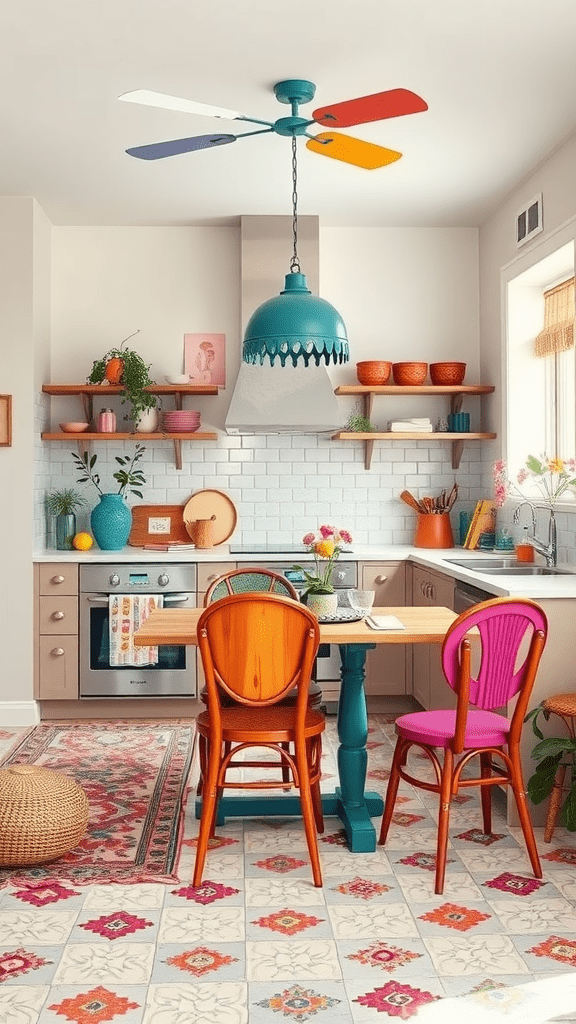 A colorful kitchen featuring a vibrant ceiling fan, patterned floor tiles, and cheerful chairs.