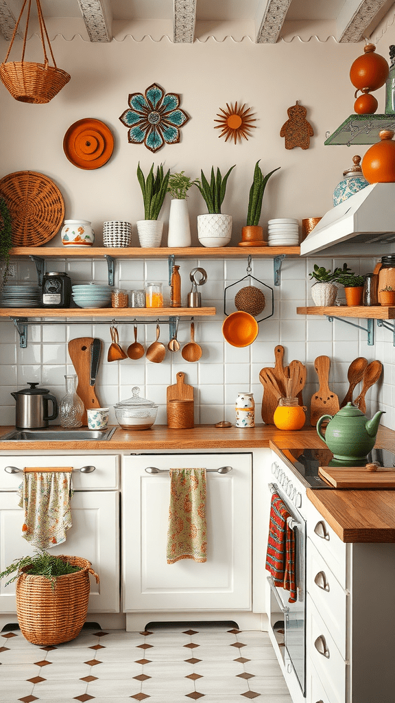 A cozy kitchen featuring colorful decorative plates, plants, and playful kitchen accessories on wooden shelves.