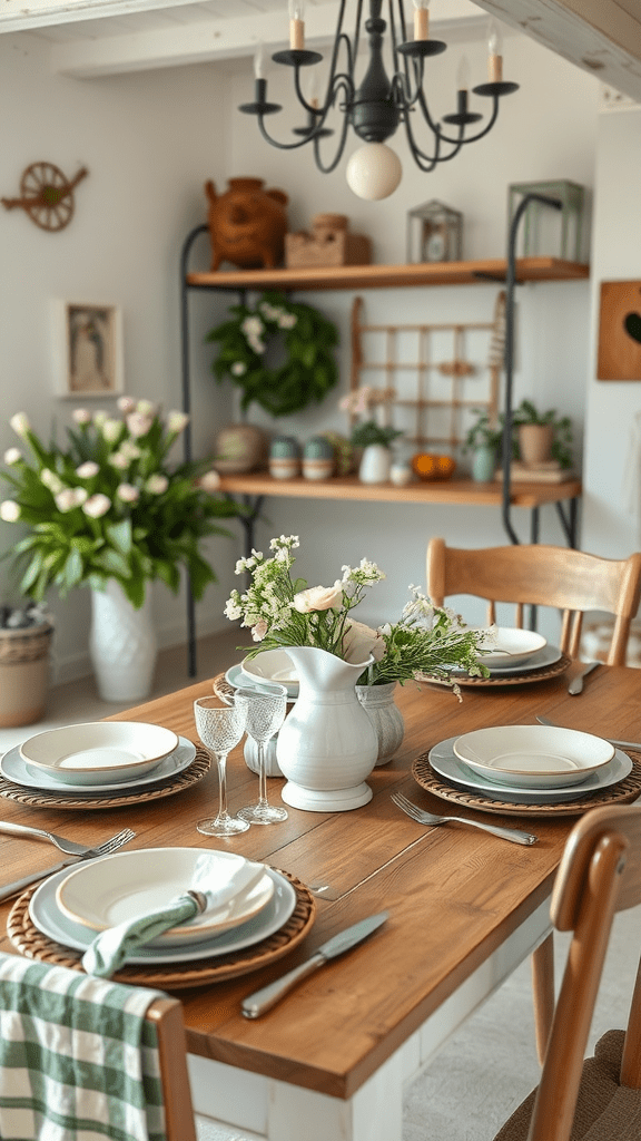 A cozy dining table set with plates, glasses, and a vase of flowers, surrounded by a bright, cheerful decor.