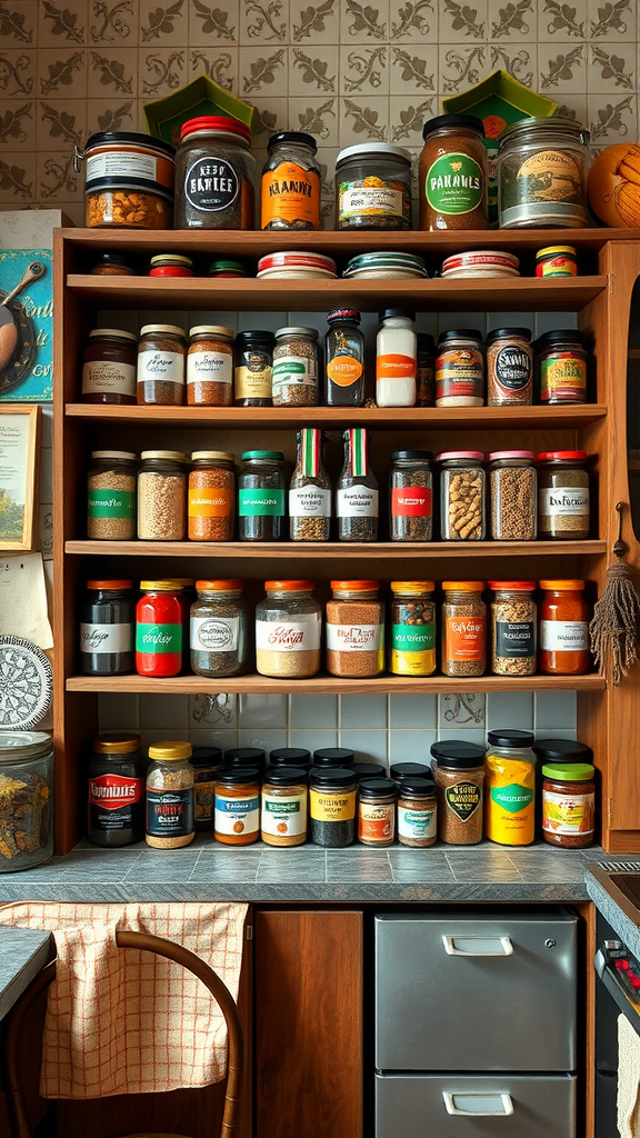 A colorful spice rack filled with various jars and containers of spices arranged on wooden shelves.