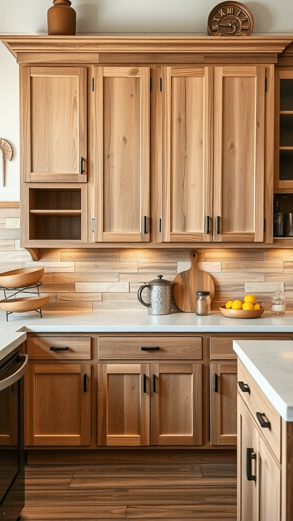 A kitchen featuring reclaimed barnwood cabinets, a wooden countertop, and decorative items.