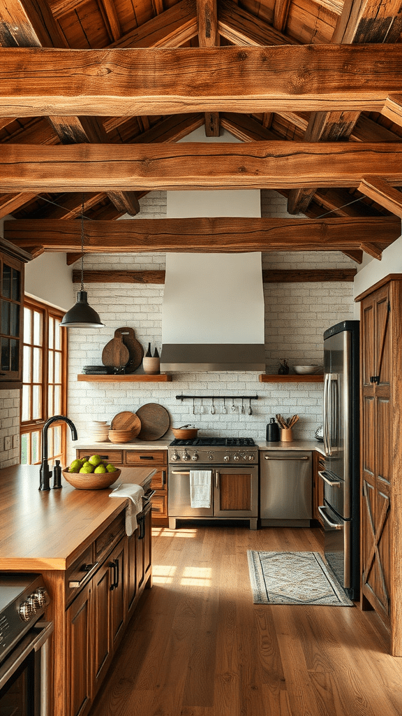 A kitchen featuring reclaimed wood accents with a warm and rustic design.