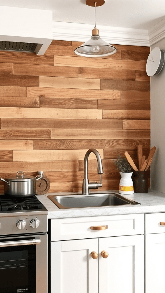 A cozy kitchen featuring reclaimed wood accents on the wall, with a modern sink and stove.