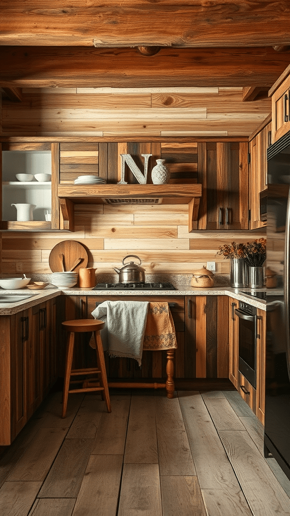 A cozy farmhouse kitchen featuring reclaimed wood cabinets and a rustic decor.