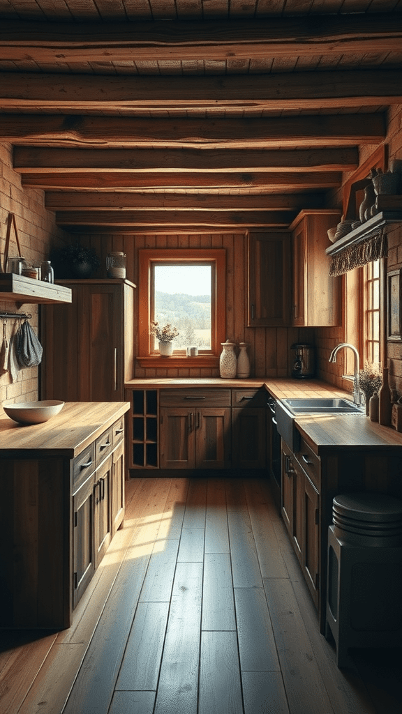 A rustic kitchen with reclaimed wood cabinets and a warm atmosphere.