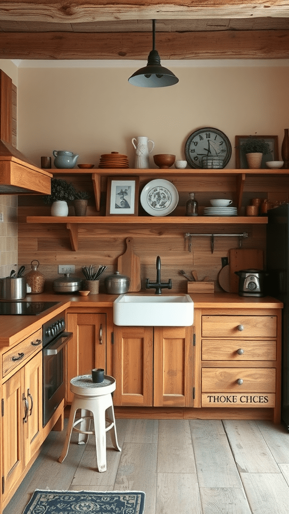 A rustic kitchen with reclaimed wood cabinets, featuring a farmhouse sink and open shelving.