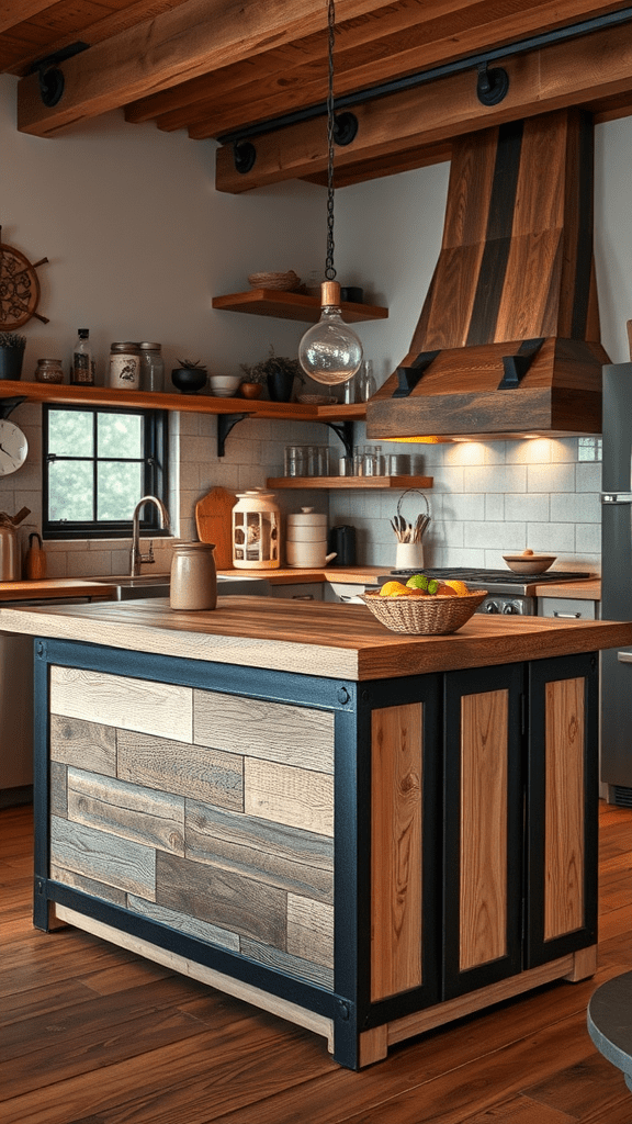 A kitchen with a reclaimed wood island featuring metal accents, surrounded by modern appliances and decor.