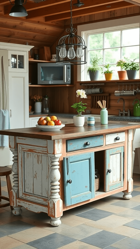 A rustic kitchen island made from repurposed furniture, showcasing a blend of blue and white colors with a wooden top, surrounded by kitchen decor.