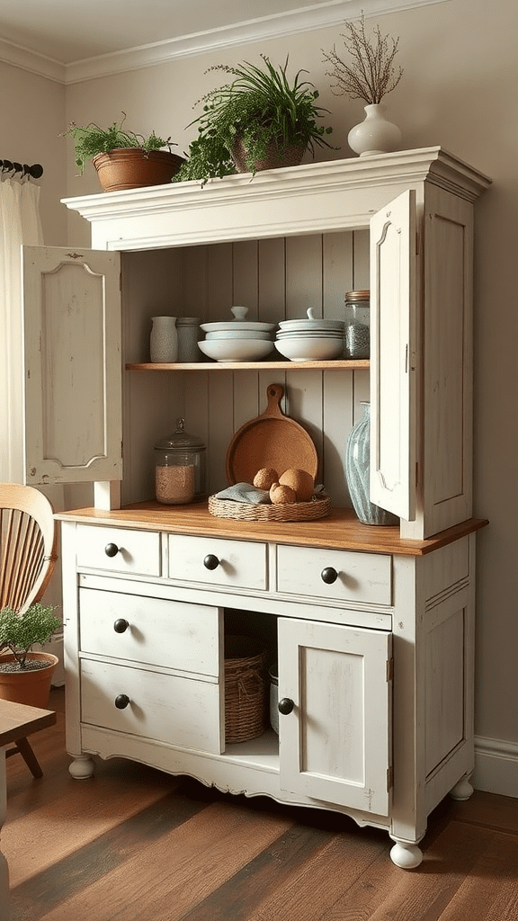 A vintage white cabinet used for pantry storage, featuring open shelves with dishes and decor.