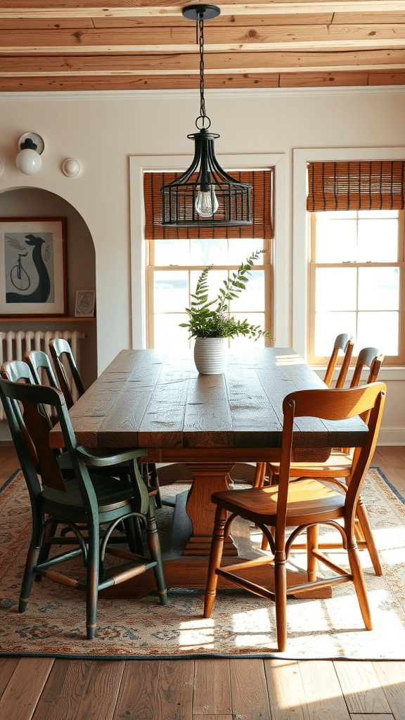 A cozy dining area with a wooden table and mixed-color chairs, showcasing repurposed materials.