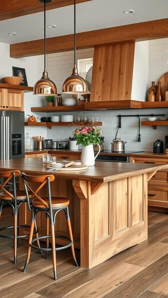 A rustic bar island with high stools, featuring wooden accents and hanging light fixtures.