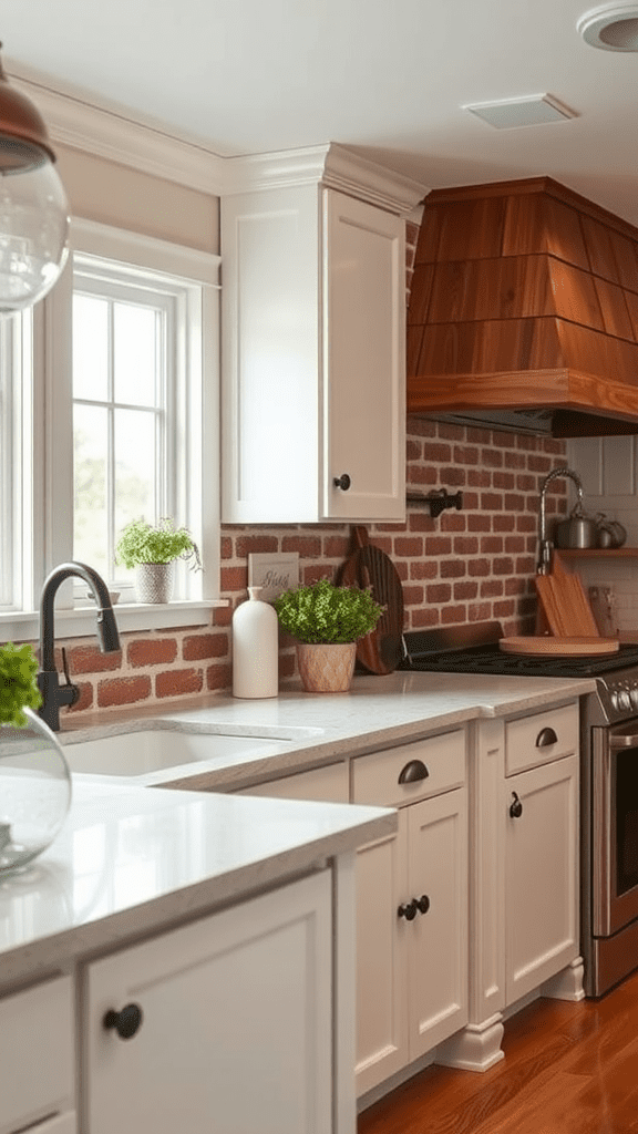 Stylish kitchen featuring rustic brick wall, white cabinets, and wooden elements.